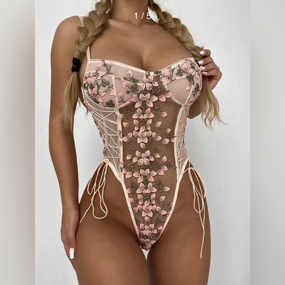 Women Sexy Lace Up Floral Embroidered Teddy Lingerie Sheer One Piece side L
